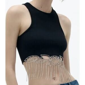 Zara Black Ribbed Cropped Halter Top Rhinestone Fringe Hem XS-Small
